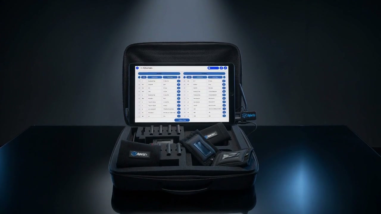 The full DigiWrist football kit open in its case: coach tablet, encrypted transmitter, wrist receivers and armbands